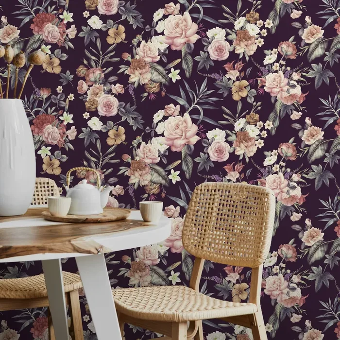 Floral Wallpaper With A Vintage Bouquet In Plum, Pink, And Cream – A037