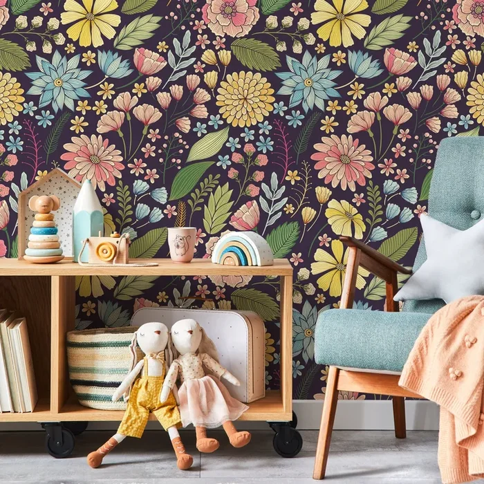 Floral Wallpaper With A Vintage Meadow Motif In Yellow, Pink, And Blue – B898