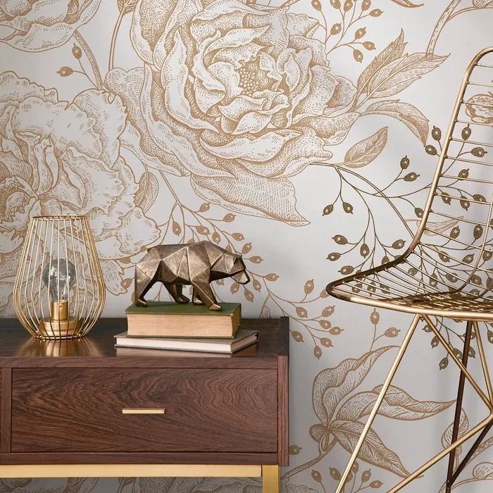 Floral Wallpaper With A Vintage Peony Sketch In Gold And Light Gray – A671