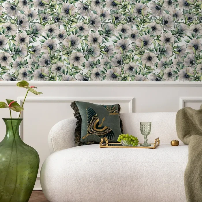 Floral Wallpaper With A Watercolor Anemone Motif In Gray, Green, And Black – A907