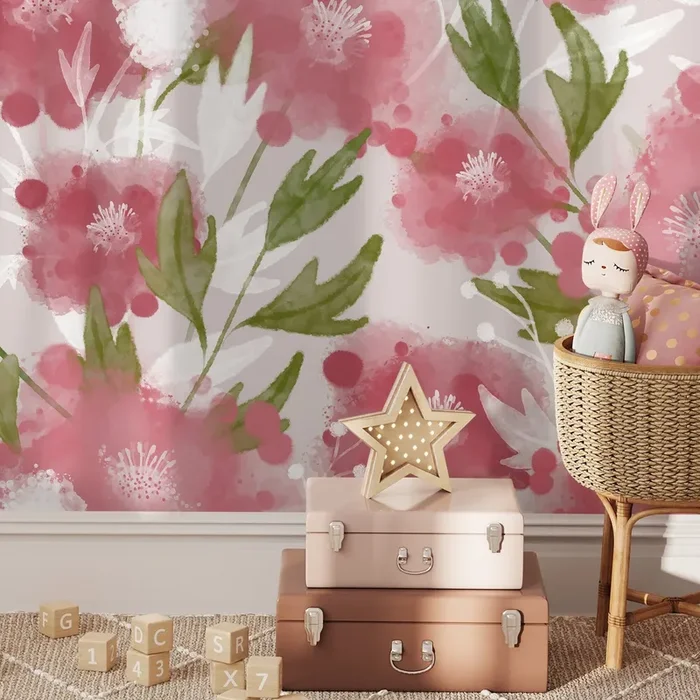 Floral Wallpaper With A Watercolor Motif In Pink And Green – X129