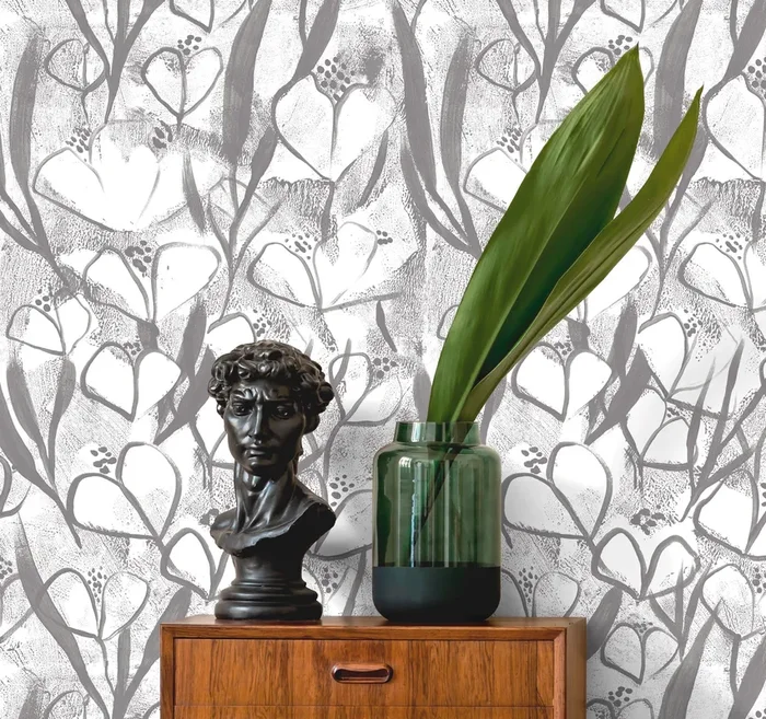 Floral Wallpaper With An Abstract Painterly Motif In Black And Grey – X191