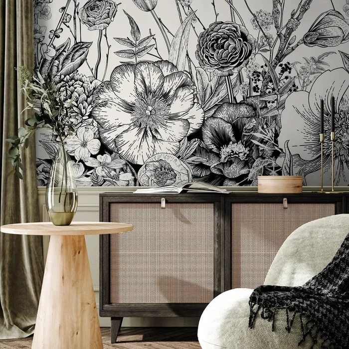 Floral Wallpaper With An Engraved Botanical Motif In Black And White – A531