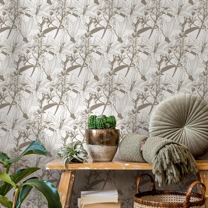 Floral Wallpaper With An Intricate Lily Sketch In Brown – C777