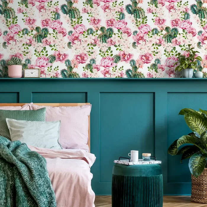 Floral Wallpaper With Blooming Roses And Cactus In Pink And Green – B020