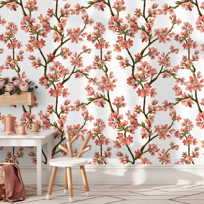 Floral Wallpaper With Cherry Blossom Branches In Pink, Red, And Brown – D961