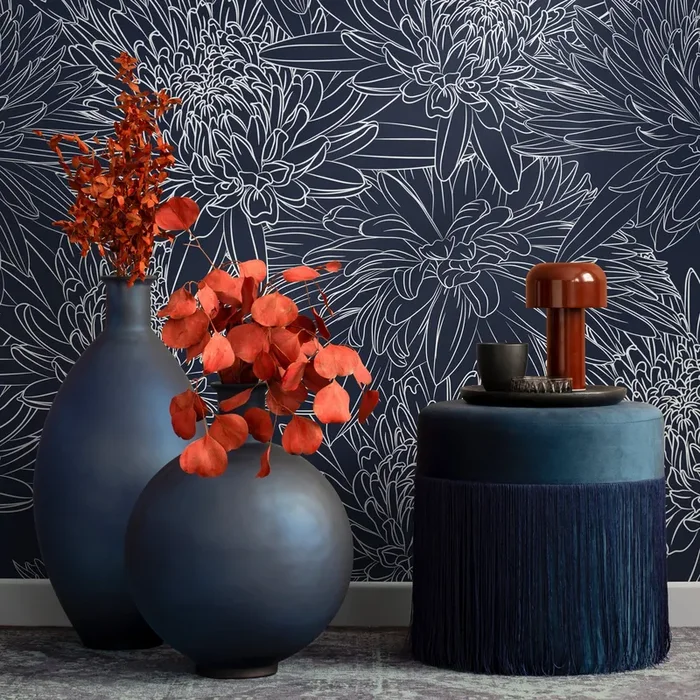 Floral Wallpaper With Chrysanthemum Line Art In Navy Blue And White – B149