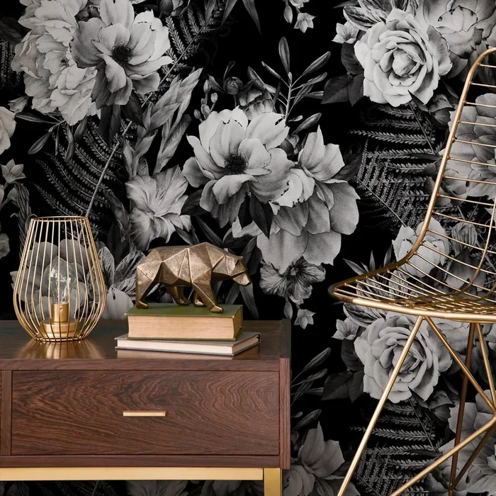 Floral Wallpaper With Dramatic Peonies And Roses In Black And White – B099
