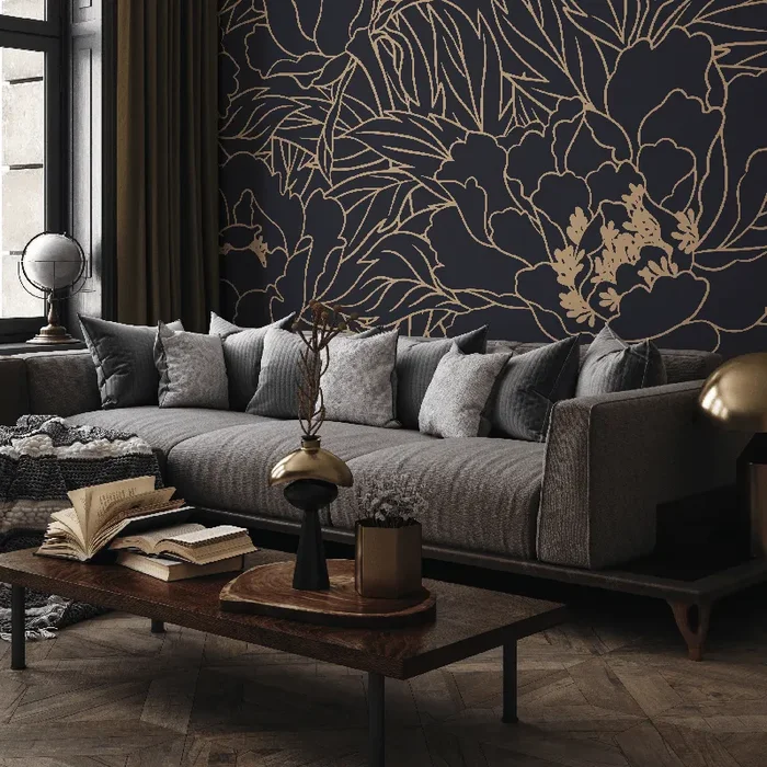 Floral Wallpaper With Elegant Line Art Peonies In Dark Blue And Gold – C932