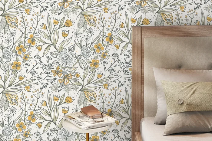 Floral Wallpaper With Hand-drawn Botanicals In Yellow, Green, And Grey – D140