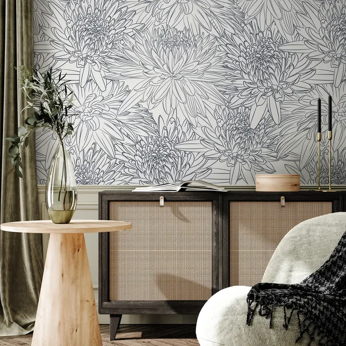 Floral Wallpaper With Hand-drawn Chrysanthemums In Blue – B150