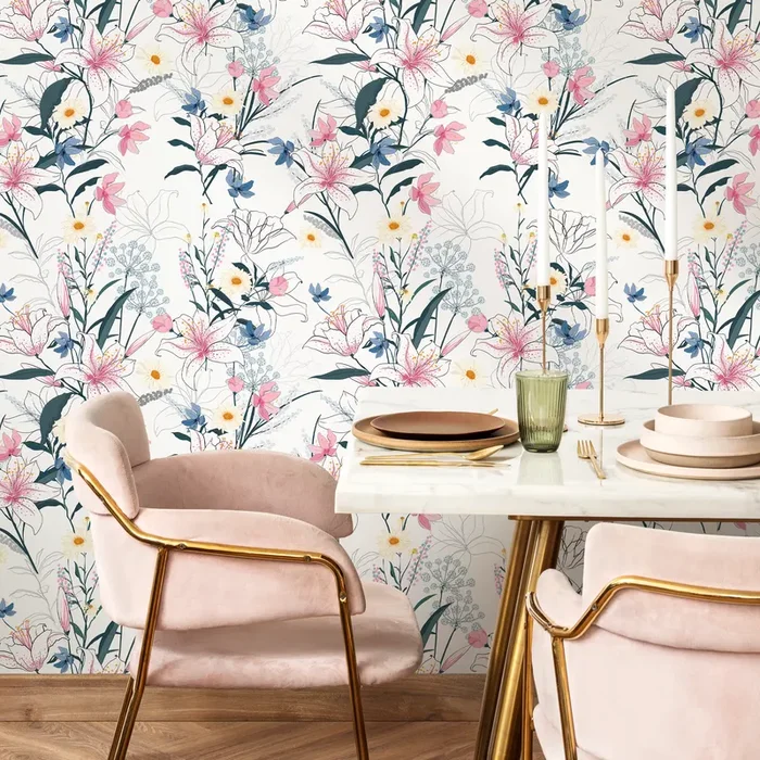 Floral Wallpaper With Hand-drawn Lilies And Wildflowers In Pink, Blue, And Yellow – B401