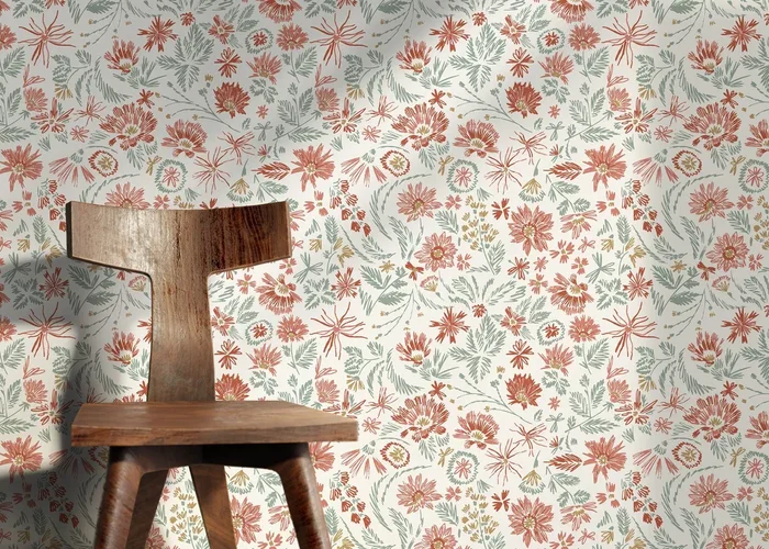 Floral Wallpaper With Hand-drawn Wildflowers In Red, Green, And Gold – D321