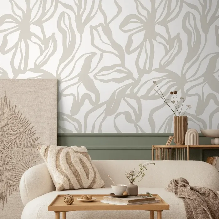Floral Wallpaper With Large-scale Line Art In Neutral Beige – D286