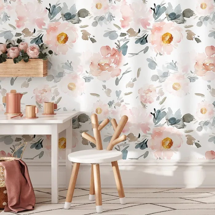 Floral Wallpaper With Large Watercolor Peonies In Pink, Blue, And Taupe – Zaan