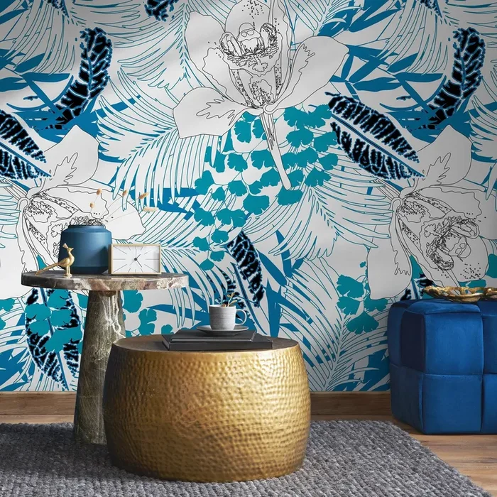 Floral Wallpaper With Line Art Orchids And Tropical Leaves In Blue And Black – A937
