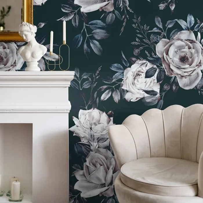 Floral Wallpaper With Moody Roses In Dark Green, White, And Blue – B223