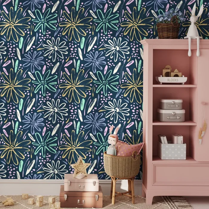 Floral Wallpaper With Painterly Brush Stroke Daisies In Yellow, Mint, And Blue – B332