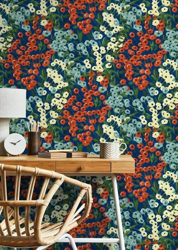Floral Wallpaper With Painterly Wildflowers In Blue, Red, And Cream – D013