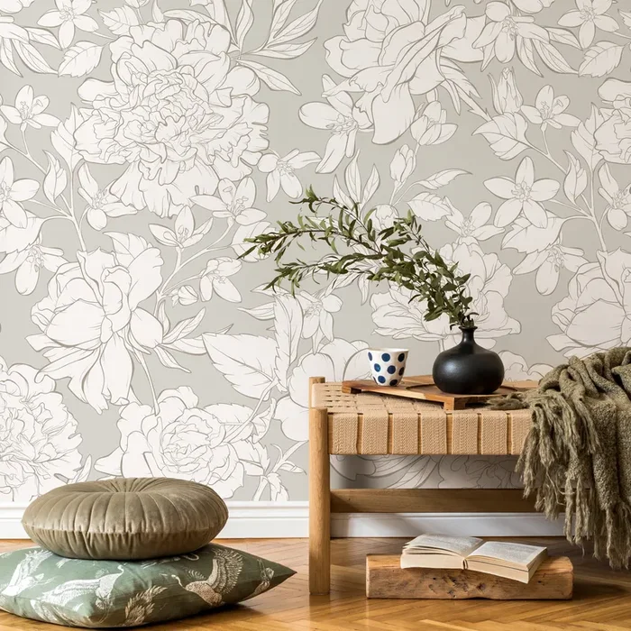 Floral Wallpaper With Peony And Blossom Outlines In Greige And Off-white – Zaam