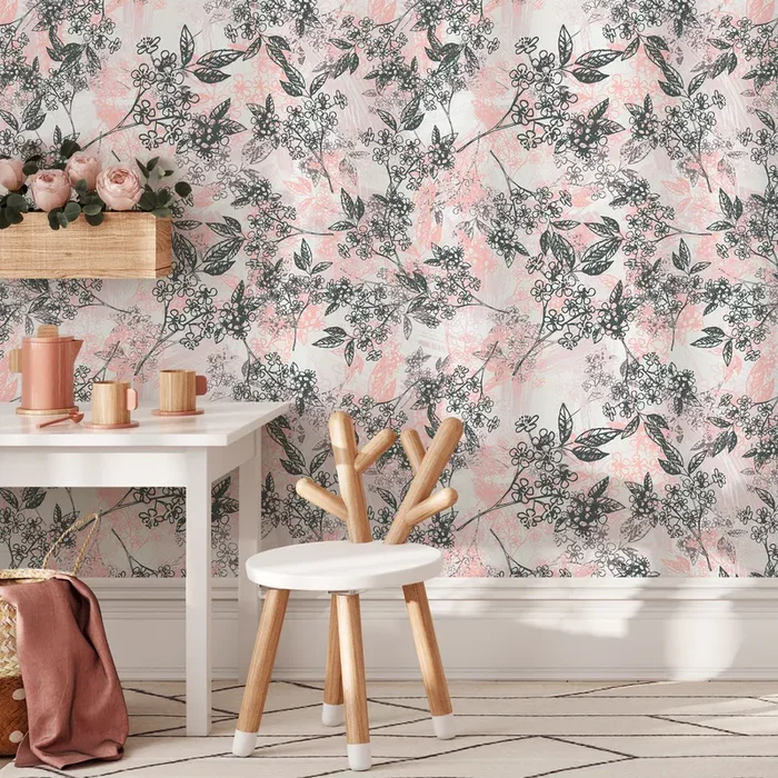 Floral Wallpaper With Sketchy Blossoming Branches In Pink And Gray – B825