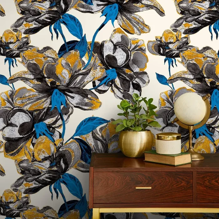 Floral Wallpaper With Stylized Blooms In Black, Yellow, And Blue – A410