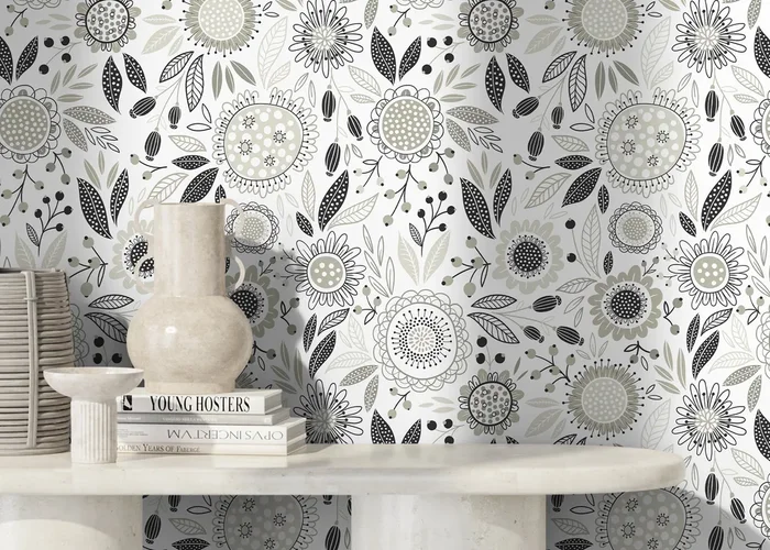 Floral Wallpaper With Stylized Folk Art Blooms In Gray And Black – D283