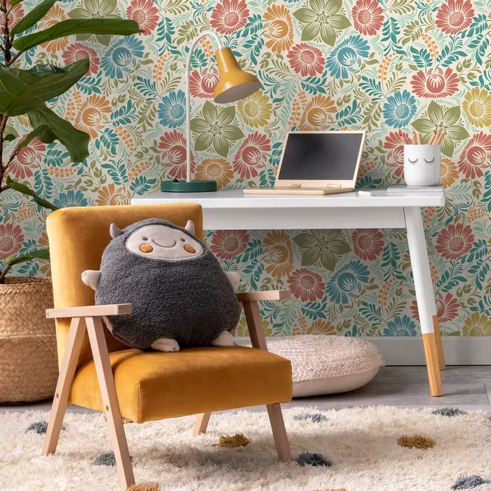 Floral Wallpaper With Stylized Folk Art Flowers In Red, Blue, And Green – D070
