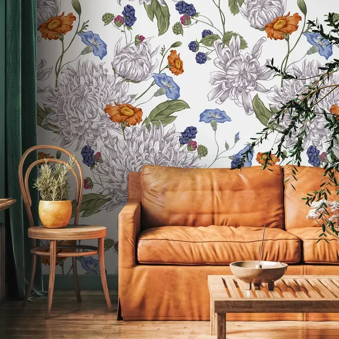 Floral Wallpaper With Vintage Chrysanthemums In Purple, Orange, And Blue – A628
