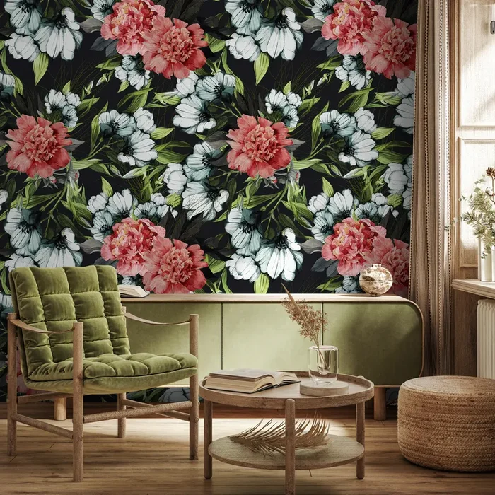 Floral Wallpaper With Vintage Peonies And Blooms In Red, White, And Green – B081