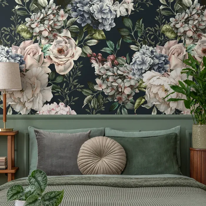 Floral Wallpaper With Vintage Roses And Hydrangeas In Pink And Blue – B231