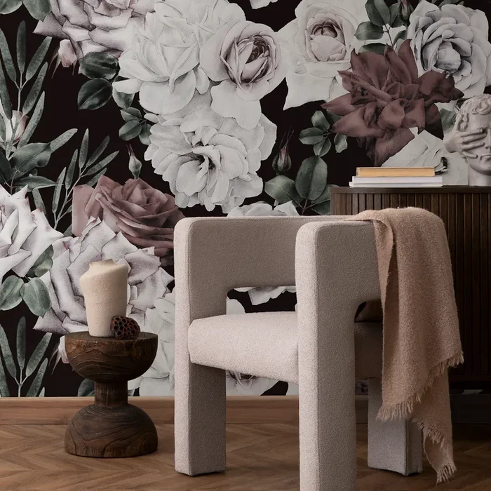 Floral Wallpaper With Vintage Roses In Cream, Mauve, And Green – B194