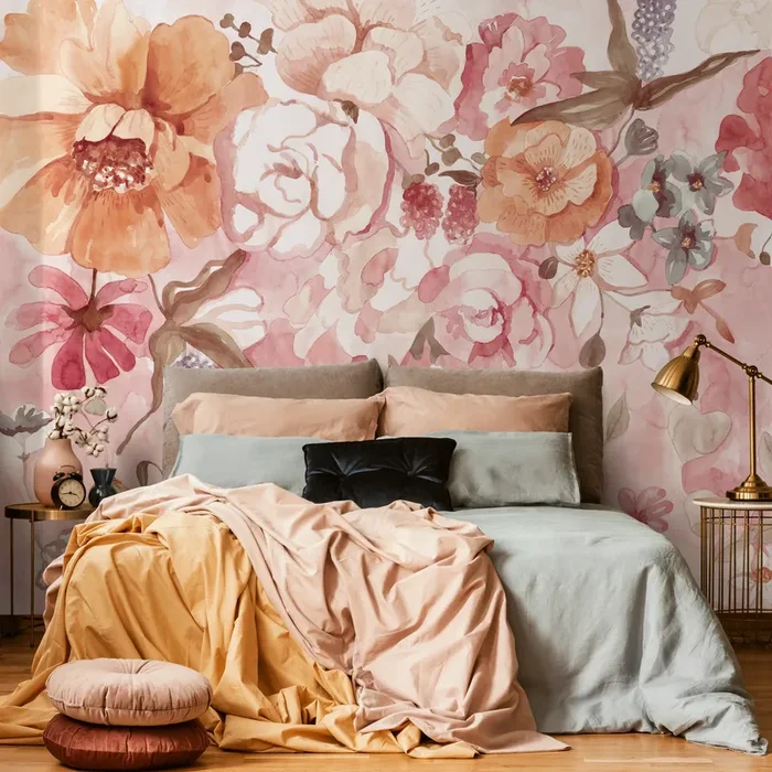 Floral Wallpaper With Watercolor Peonies And Roses In Pink And Orange – D326