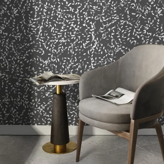 Foliage Wallpaper With A Scattered Leaf Motif In White And Gray – X074