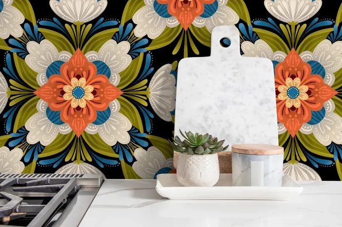 Folk Art Wallpaper With An Arabesque Floral Design In Orange, Blue, And Green – X123