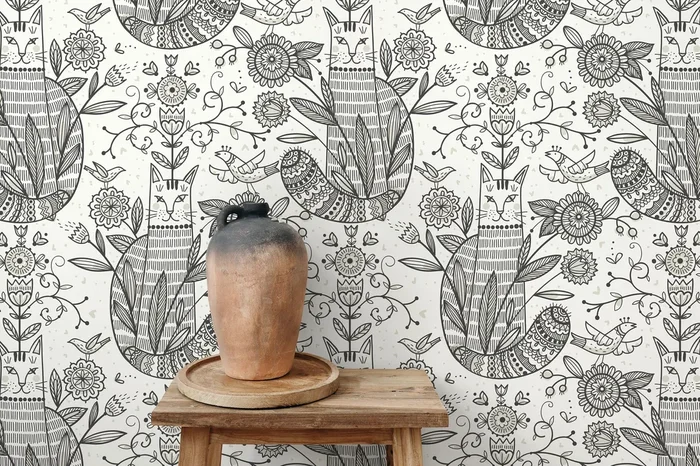 Folk Art Wallpaper With Stylized Cats And Florals In Black And Gray – D294
