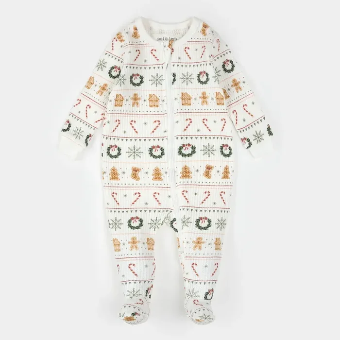 FOOTED SLEEPER KNIT-OFFWHITE CHRISTMAS WREATH