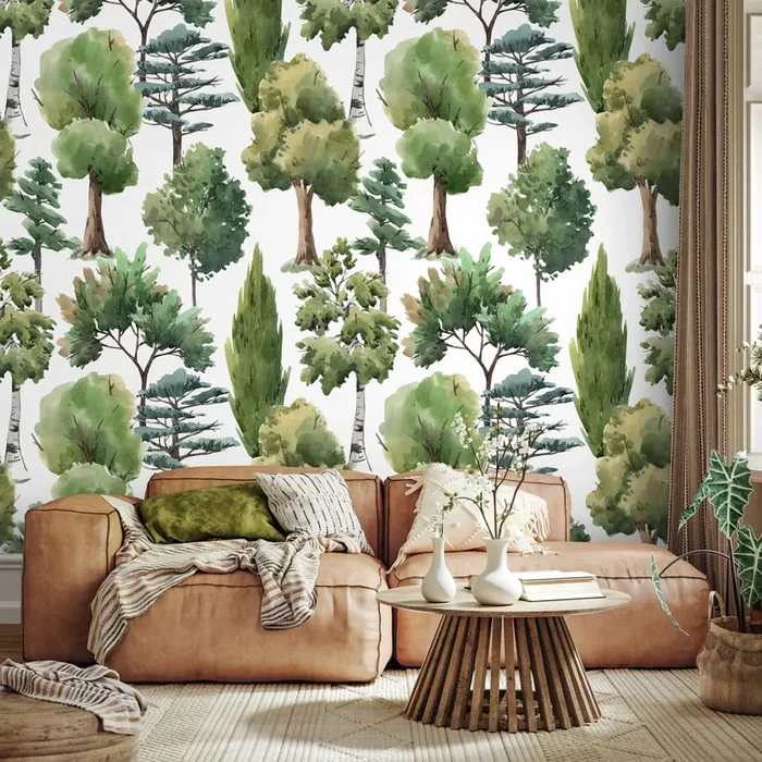 Forest Wallpaper Featuring A Watercolor Woodland In Green And Brown – A687