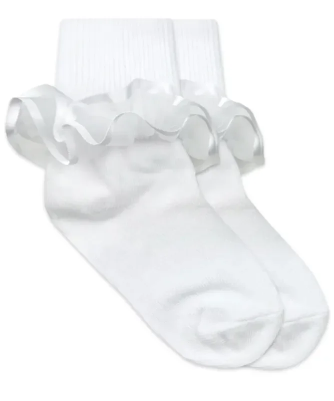 Frilly Ruffle Lace Turn Cuff Socks 1 Pair- White