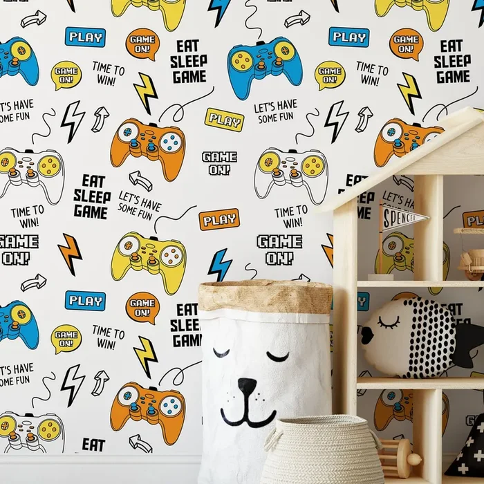 Gamer Wallpaper With Video Game Controllers In Blue, Yellow, And Orange – B534