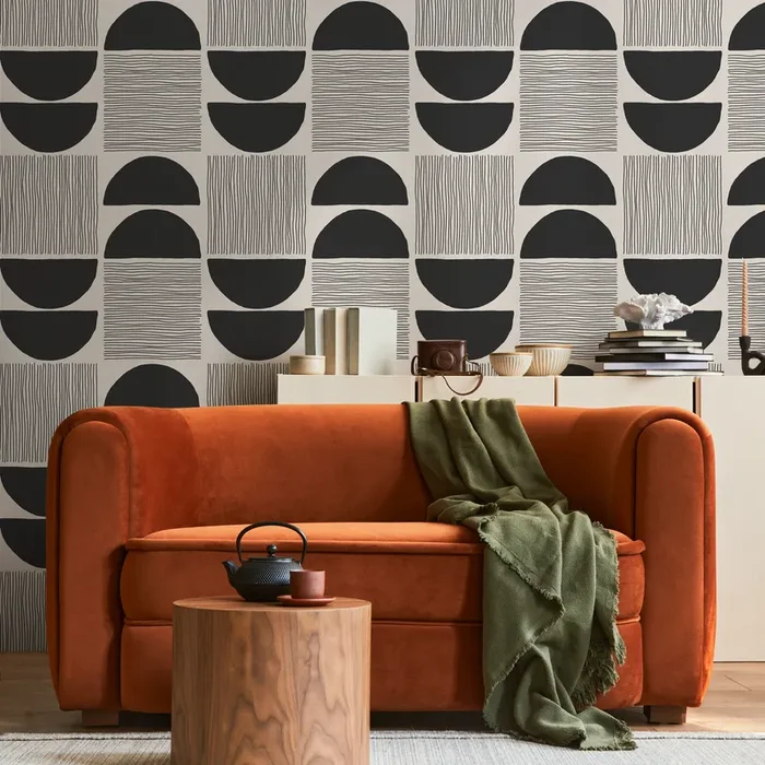 Geometric Wallpaper With A Modern Block Print Motif In Black And Beige – C243