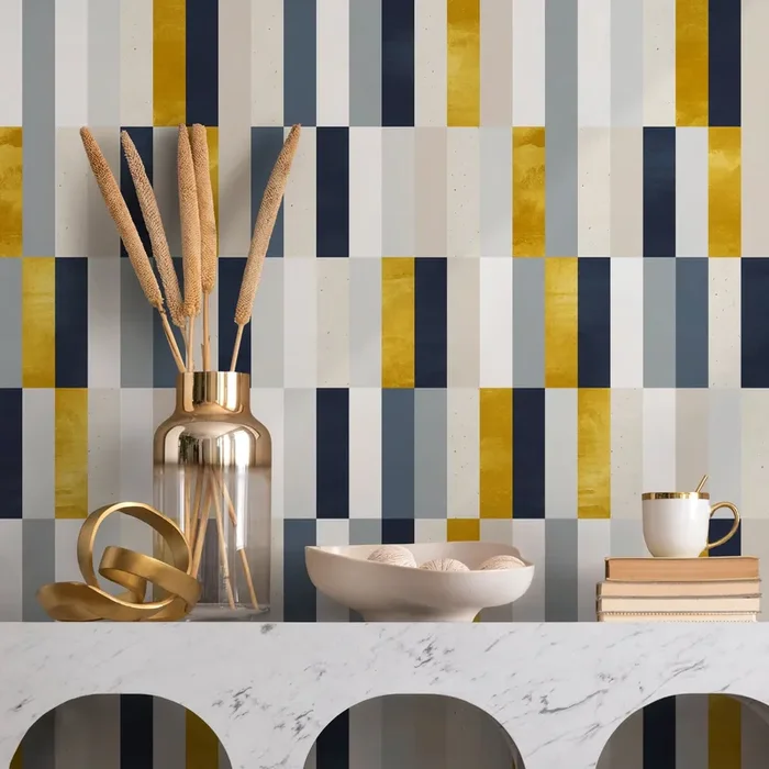 Geometric Wallpaper With A Modern Color Block Motif In Gold, Blue, And Grey – A340