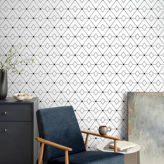 Geometric Wallpaper With A Modern Diamond Line Motif In Black And White – B106