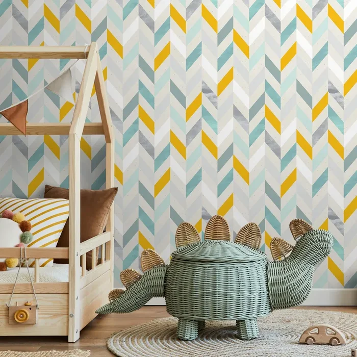 Geometric Wallpaper With A Modern Herringbone Motif In Yellow, Teal, And Grey – A360