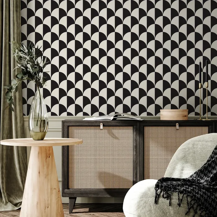 Geometric Wallpaper With A Repeating Half-moon Motif In Black And Cream – B830