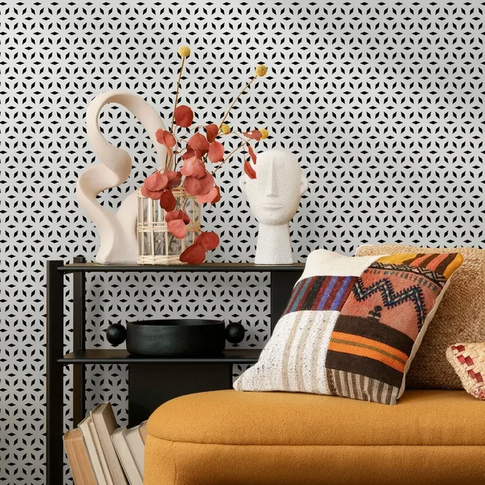 Geometric Wallpaper With A Repeating Starburst Motif In Black And White – B252