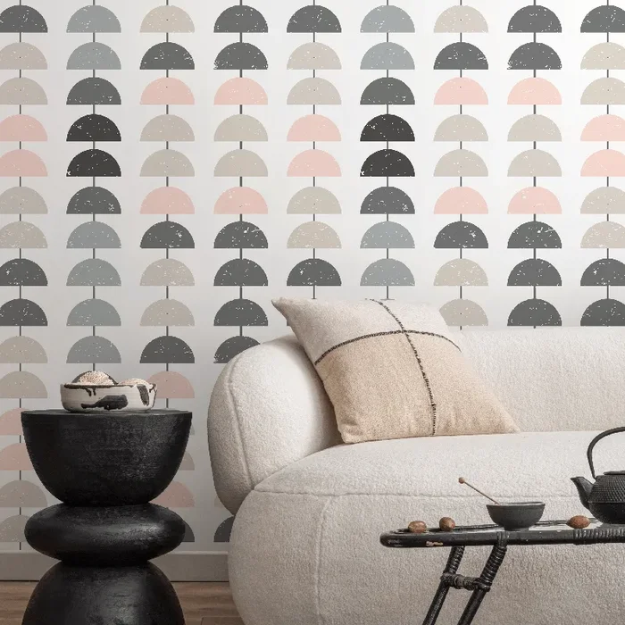 Geometric Wallpaper With A Stacked Semi-circle Motif In Pink, Gray, And Beige – D979