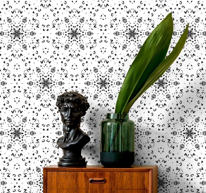 Geometric Wallpaper With A Stamped Kaleidoscope Motif In Black And White – X083