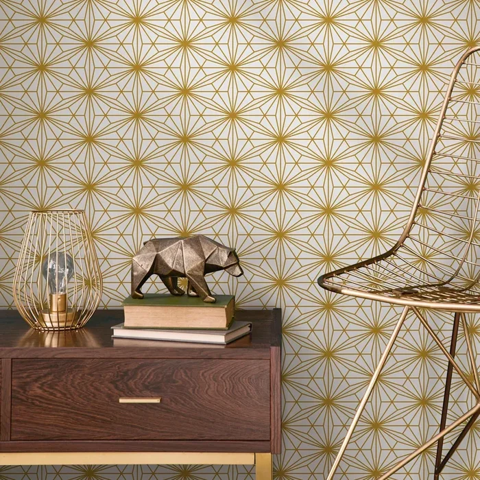 Geometric Wallpaper With A Starburst Motif In Gold And Gray – B792