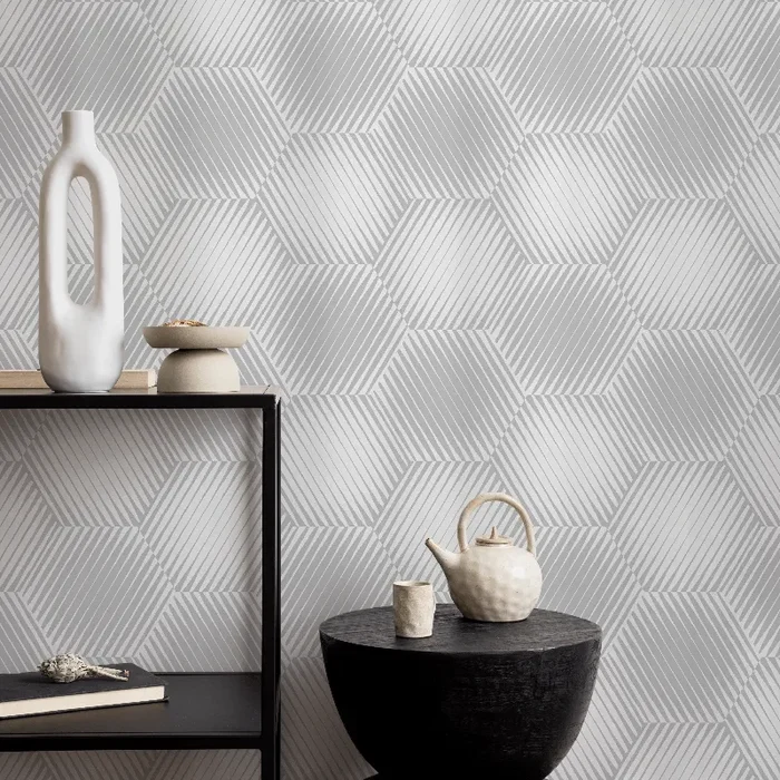 Geometric Wallpaper With An Optical Illusion Hexagon Motif In Light Grey – B304